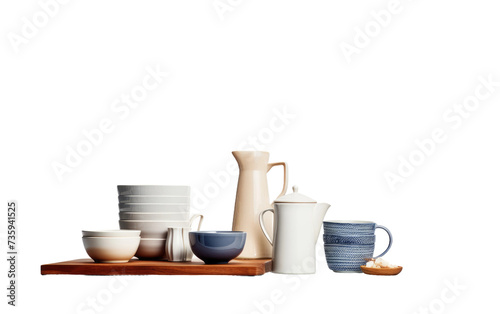 Wooden Tray With White and Blue Dishes. A wooden tray is adorned with white and blue dishes arranged neatly, creating a pleasing visually appealing composition.