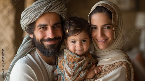 Family of three Middle Easterners enjoying each other's company photo