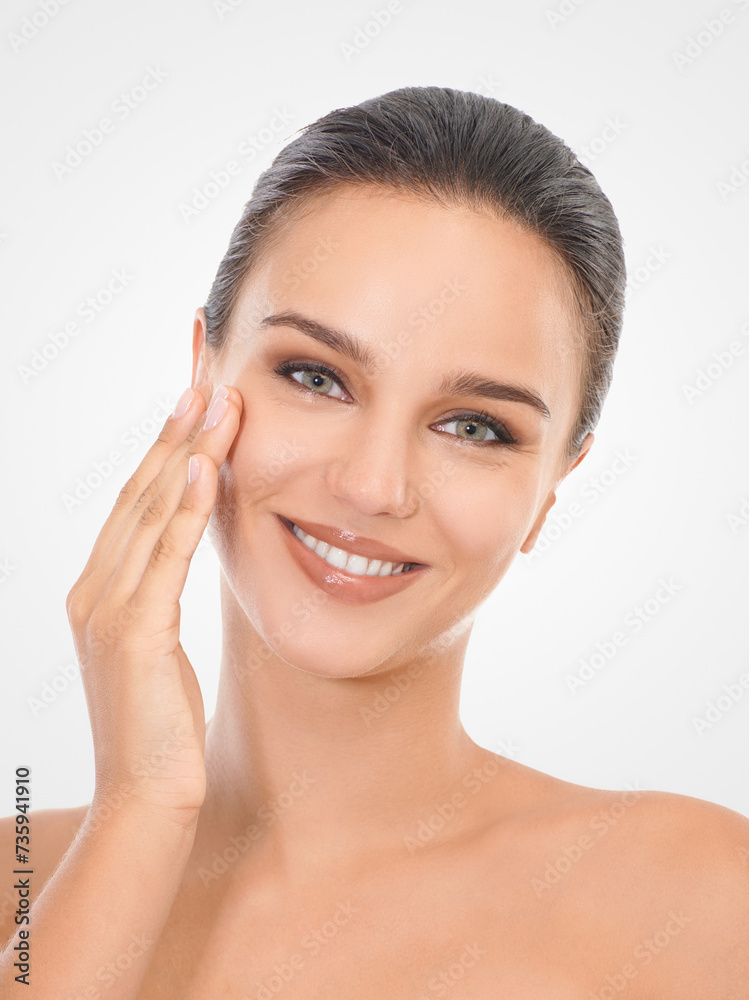 Portrait, skincare and woman with smile in studio for beauty, dermatology or natural treatment. Happy, female person and hand on face for cosmetics, wellness and self care on white background Portrait, skincare and woman with smile in studio for beauty, dermatology or natural treatment. Happy, female person and hand on face for cosmetics, wellness and self care on white background