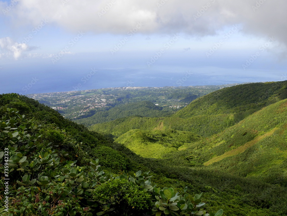 panorama photo of Basse Terre west coast seen from grande Soufriere mountain, Guadeloupe, french antilles