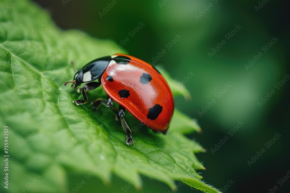 Ladybug, red with black dots green plant leaf. A beautiful brightly colored insect crawling on a bush leaf on a sunny day. Ladybug, red with black dots green plant leaf. A beautiful brightly colored insect crawling on a bush leaf on a sunny day.