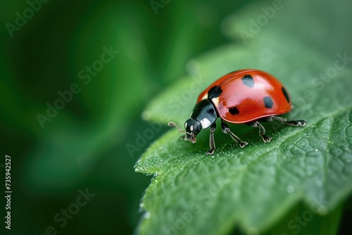 Ladybug, red with black dots green plant leaf. A beautiful brightly colored insect crawling on a bush leaf on a sunny day. © photolas