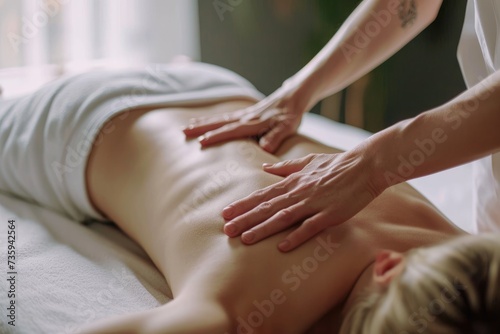 A doctor's hands massaging a young woman's back in a bright room. A cosmetic procedure in a spa salon.