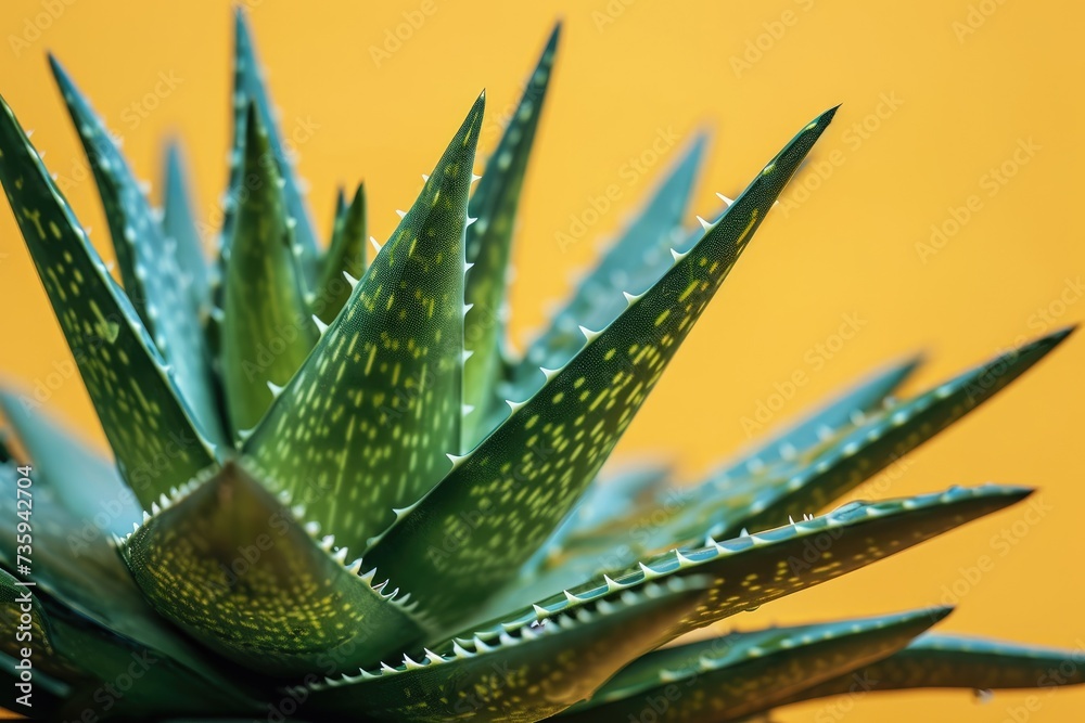 Aloe plant, green leaves with prickly thorns on a yellow background. Aloe plant, green leaves with prickly thorns on a yellow background.