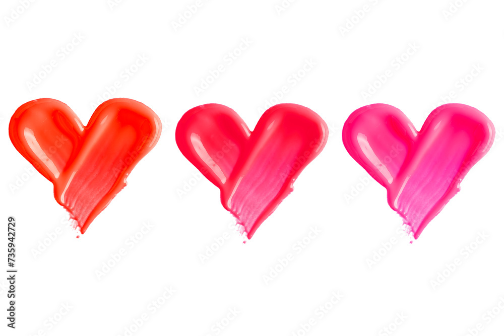 Set of hearts from liquid lipstick in pink and red colours isolated on white background. Cosmetic product swatch Set of hearts from liquid lipstick in pink and red colours isolated on white background. Cosmetic product swatch
