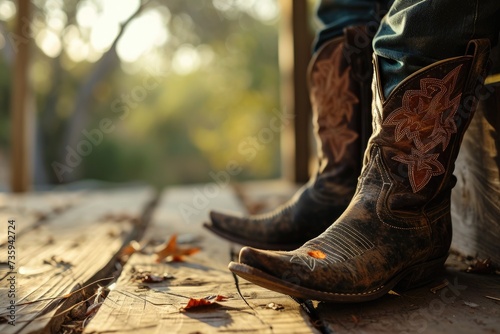 Close-up of a man in worn cowboy boots standing on a wooden floor overlooking a ranch. Patterned embroidered shoes against a rustic wild west landscape. photo