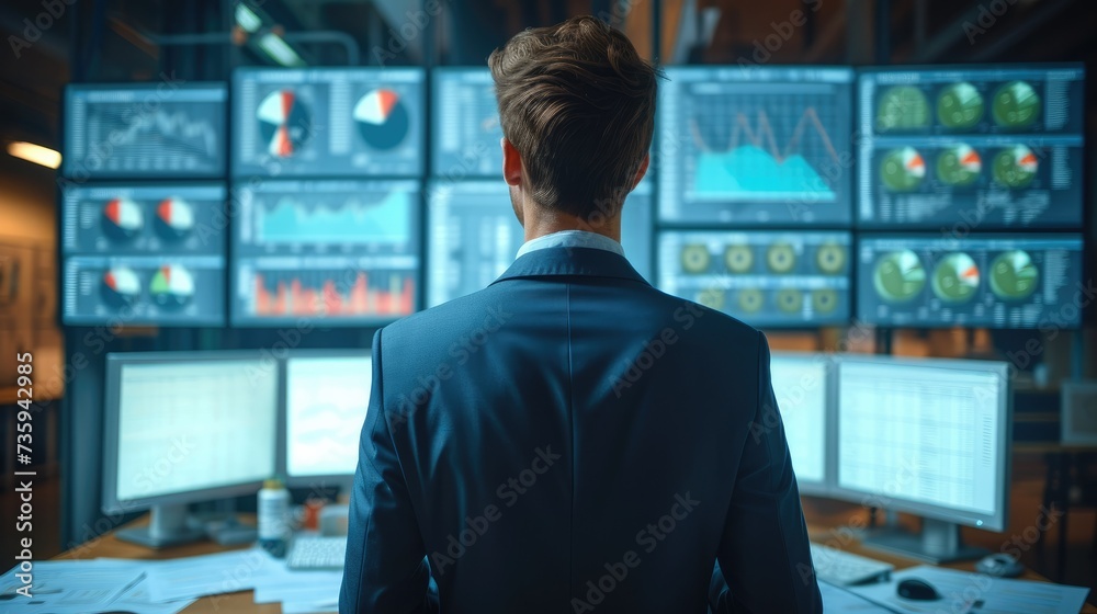 Businessman calculates financial data for long term investment, analyzing company financial balance sheet working with digital virtual graphics. Generative AI. Businessman calculates financial data for long term investment, analyzing company financial balance sheet working with digital virtual graphics. Generative AI.