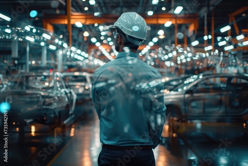 A male engineer wearing a safety helmet in a workshop at an automobile factory, back view. The double exposure emphasizes the complex high-tech production.