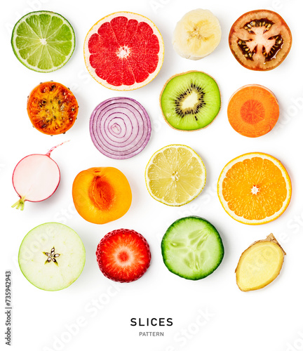 Fruit and vegetable slice pattern set isolated on white background.