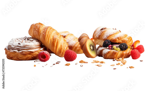 Assorted Pastries and Fruit. A variety of pastries and fruit, including croissants, muffins, tarts, strawberries, and blueberries, arranged neatly on a Transparent background.