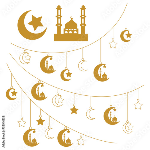 A set of elements and garlands for the holiday of Ramadan Kareem. Vector Muslim elements. 7 lucky elements on a garland.