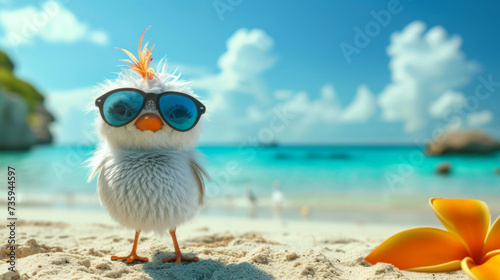 bird with funny sunglasses at boulders beach. bird wearing sun glasses and straw hat with sea and palm trees in background. happy bird resting on a beach on summer vacation