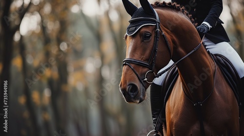 Elegant equestrian on a horse in autumn, showcasing the grace of horseback riding, ideal for equestrian magazines and lifestyle editorials, with potential for text overlay. photo