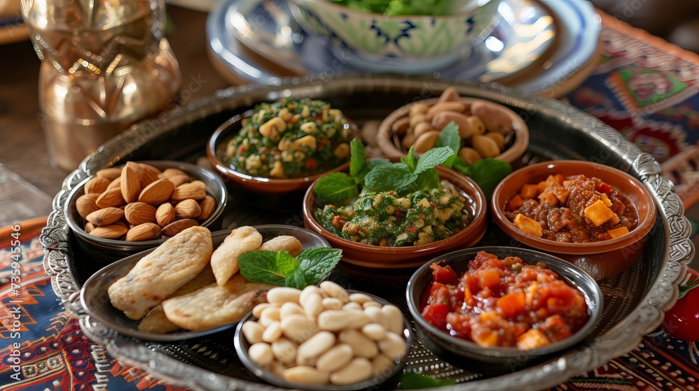 Delicious Arabic cuisine with salsa and mint leaves on a wooden table during Ramadan