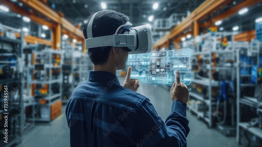 Engineer use augmented mixed virtual reality to education and training Smart technology futuristic in industry 4.0, maintenance and site design. Generative AI. Engineer use augmented mixed virtual reality to education and training Smart technology futuristic in industry 4.0, maintenance and site design. Generative AI.