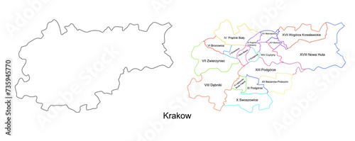 Vector map of Krakow and its districts. Highly detailed vector outline  black silhouette. All isolated on white background