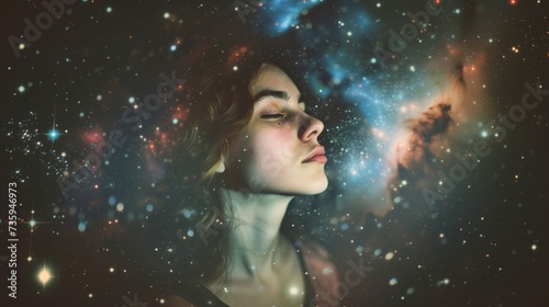 A girl or young woman with beautiful flawless glowing skin having starry astral experience in cosmic space environment