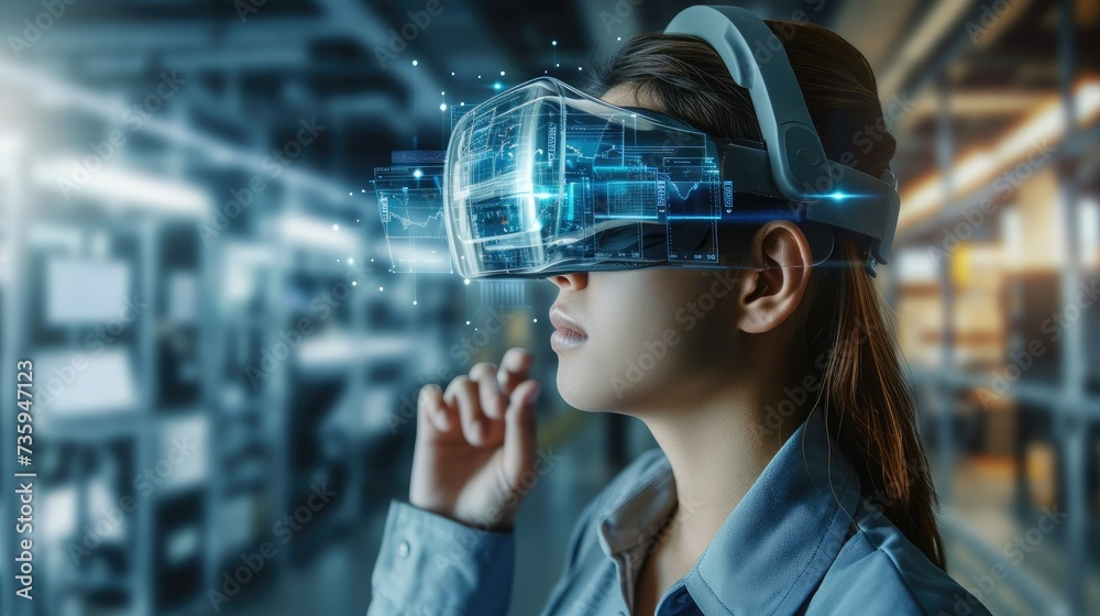 Engineer woman use augmented mixed virtual reality to education and training, repairs and maintenance, smart technology futuristic in industry concept. Generative AI. Engineer woman use augmented mixed virtual reality to education and training, repairs and maintenance, smart technology futuristic in industry concept. Generative AI.