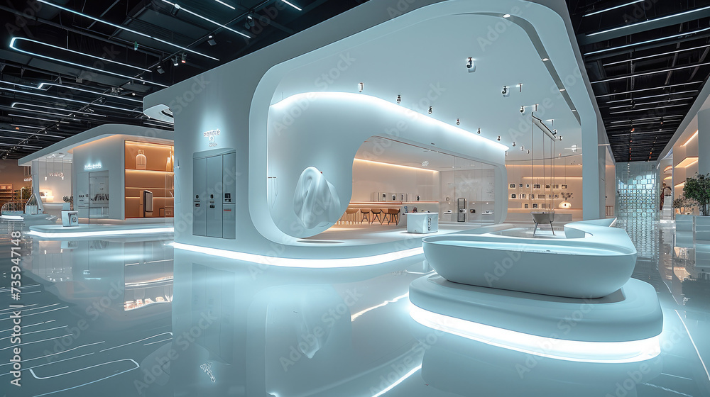 A home appliance exhibition hall full of design, sense of technology, lighting, simple high-end. Generative AI. A home appliance exhibition hall full of design, sense of technology, lighting, simple high-end. Generative AI.