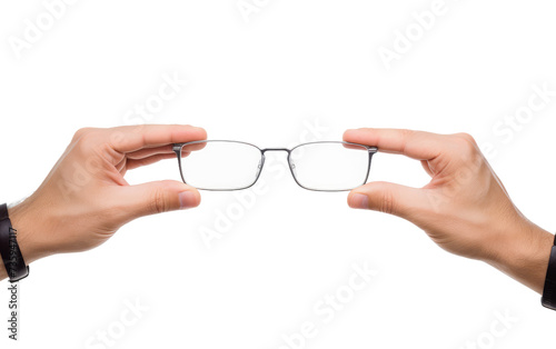 Hands Holding a Pair of Glasses. A pair of hands firmly holds a pair of glasses  ready to wear them or adjust them for optimal vision.