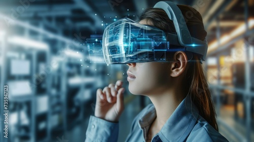 Engineer woman use augmented mixed virtual reality to education and training, repairs and maintenance, smart technology futuristic in industry concept. Generative AI.