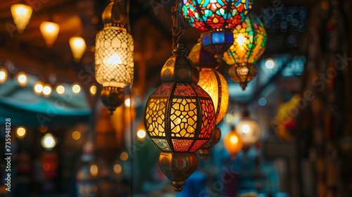 Eid Mubarak cards with Arabic lanterns and Eid-Ul-Adha greetings for Muslim holidays and festivals over blurred background