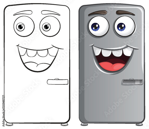 Two animated fridges with cheerful facial expressions