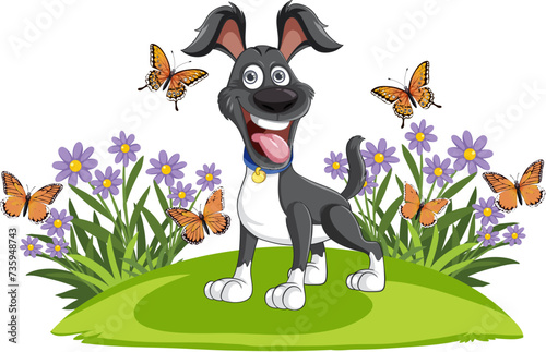 Cheerful cartoon dog playing in a flower field