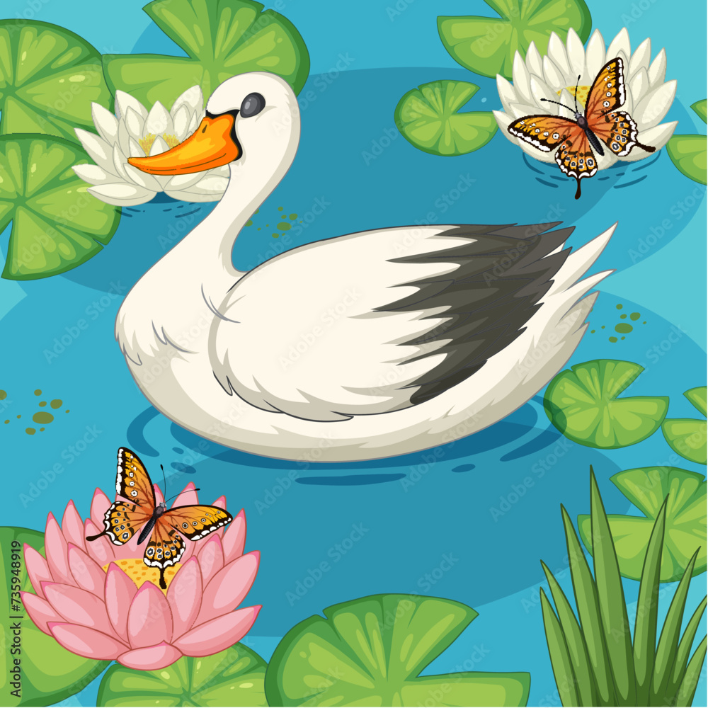 Obraz premium Swan with butterflies over water lilies illustration