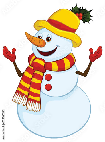 Colorful snowman illustration with festive holiday attire.