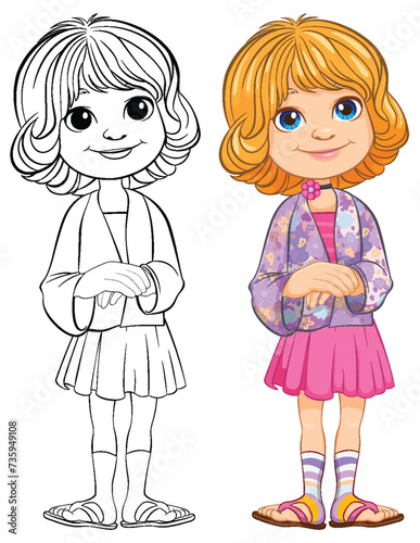 "Vector illustration of a girl, colored and line art."