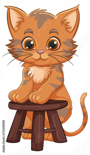 Adorable orange tabby kitten on a brown stool.