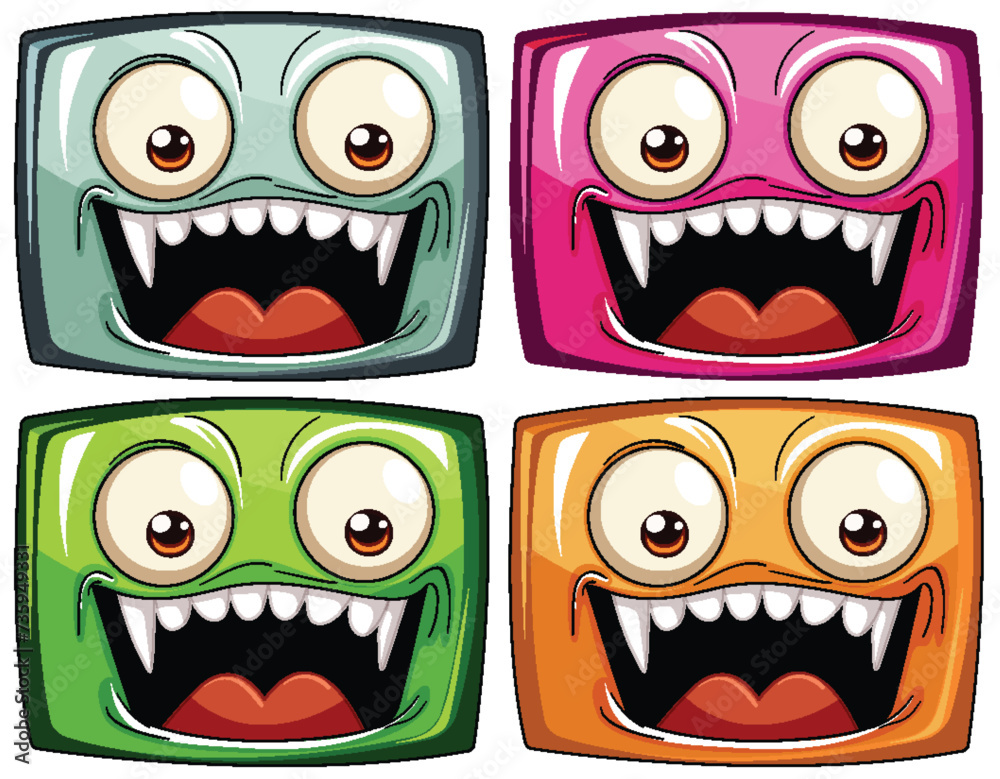 Four vibrant cartoon monster faces with expressions