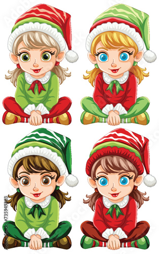 Four cheerful elves in festive holiday attire.