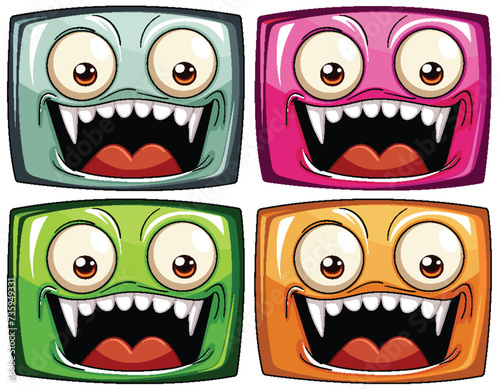 Four vibrant cartoon monster faces with expressions