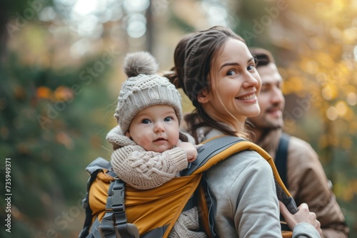 Family walking with their baby in a baby carrier, in the park on an autumn day