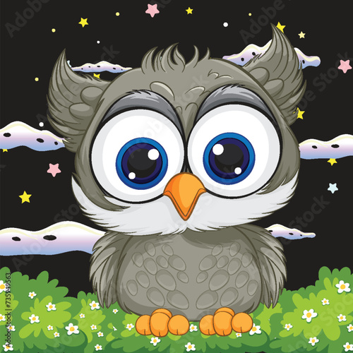 Adorable cartoon owl sitting under a starry sky
