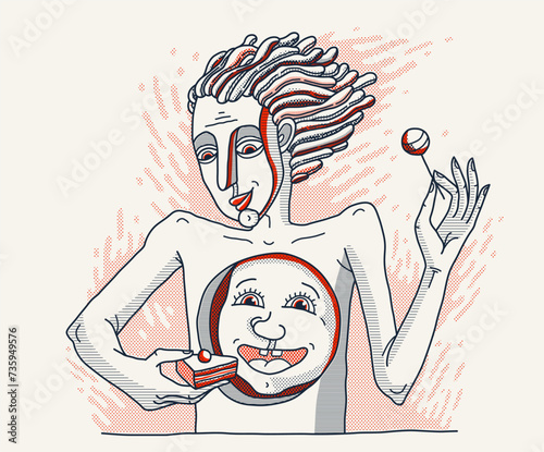 Feeding inner child concept, vector illustration of a man giving sweets to his inner child, pamper and cosset myself. photo