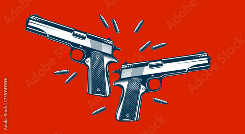 Detailed shotguns and bullets vector illustration in a classic graphic design style, two beautiful gun drawing over red background.