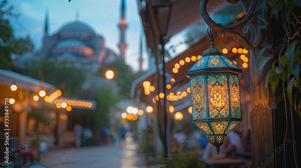 Traditional Ramadan lanterns hanging on a street in Istanbul, Turkey during the holy month of fasting and celebration - obrazy, fototapety, plakaty 