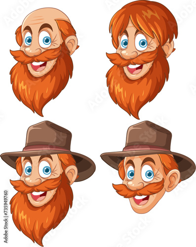 Four different emotions of a bearded character.