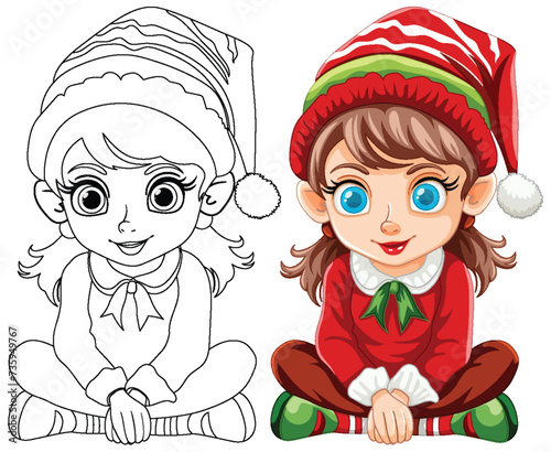 Black and white and colored Christmas elf drawings.