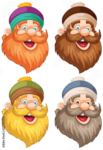 Four cheerful bearded men with different hats.