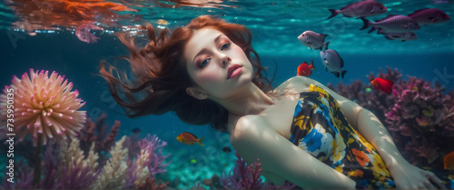 An underwater scene with a beautiful fashion model swimming alongside colorful coral reefs and fish