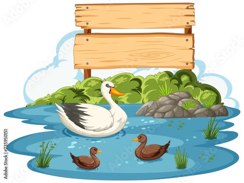 Swan and ducks in a tranquil pond setting