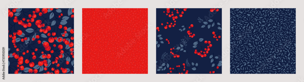 Bright red collage of set seamless pattern with stylized branches berries, creative shapes juniper, boxwood, viburnum, barberry, abstract print, random spots, polka dots. Vector hand drawn sketch. Bright red collage of set seamless pattern with stylized branches berries, creative shapes juniper, boxwood, viburnum, barberry, abstract print, random spots, polka dots. Vector hand drawn sketch.