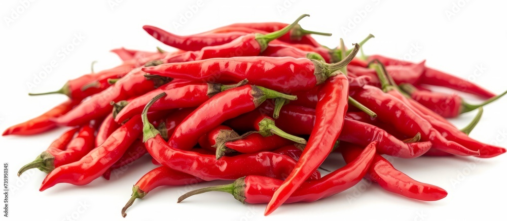 Vibrant red hot chili peppers arrangement on a wooden table Vibrant red hot chili peppers arrangement on a wooden table
