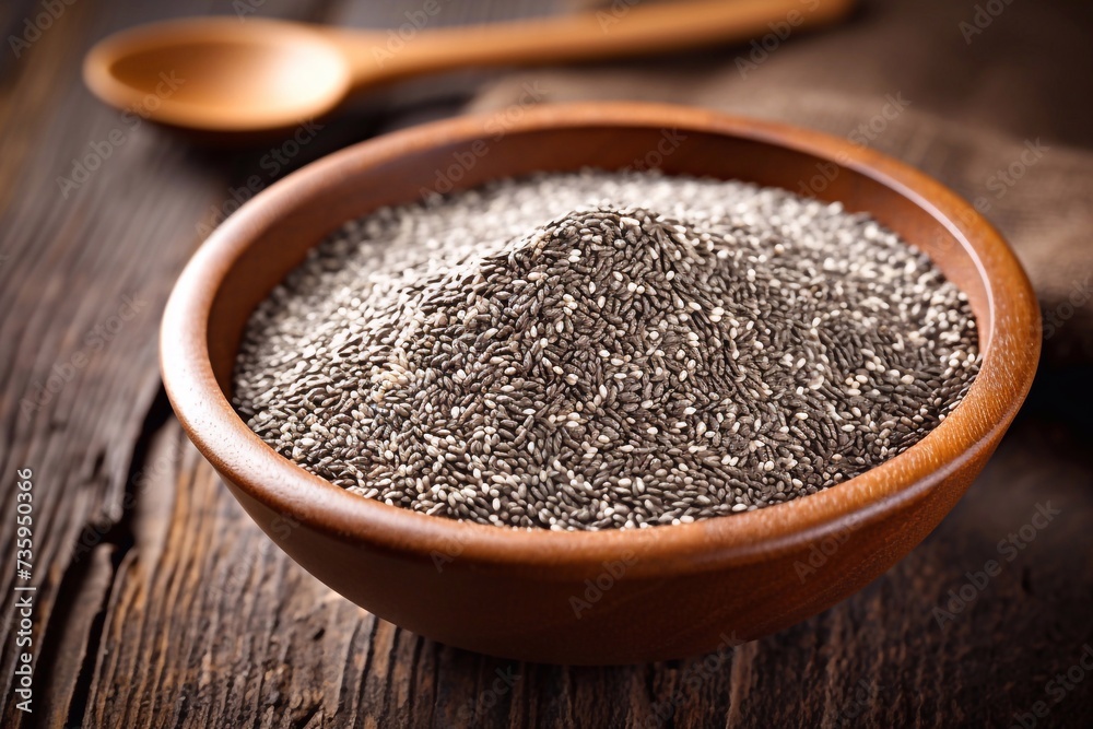 Healthy food. Bowl and spoon with chia seeds, close-up Healthy food. Bowl and spoon with chia seeds, close-up