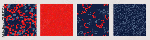 Bright red collage of set seamless pattern with stylized branches berries, creative shapes juniper, boxwood, viburnum, barberry, abstract print, random spots, polka dots. Vector hand drawn sketch.