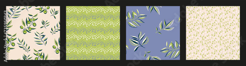 Green blue collage of set seamless patterns with creative simple olive branches, abstract berries, leaves, random drops, spots, polka dots.Vector hand drawn sketch.Templates for design, printing